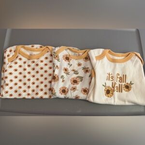 3PC Baby Gear 0-3M Fall Sunflower Onesies, 2 Brand New